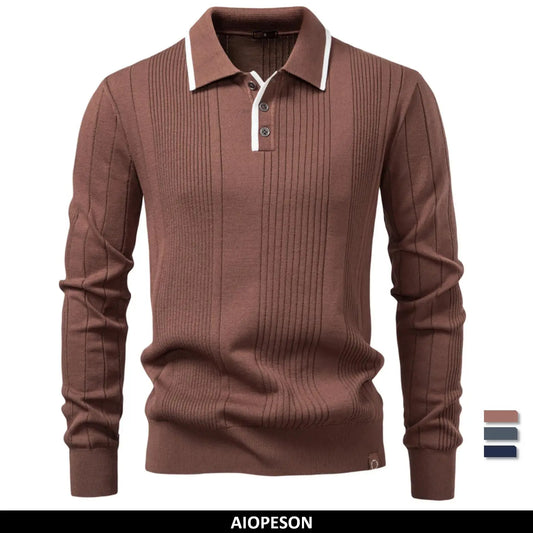 2025 Men's Button Down Polo Shirt Solid Colour Stripe Long Sleeve Autumn Winter Luxury Warm Touch Business Casual Polo Men's Shirts