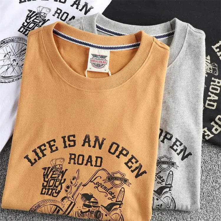 2025 Summer American Retro Short Sleeve O-neck Skeleton Motorcycle Printed T-shirt Men's Fashion 100% Cotton Washed Casual Tops