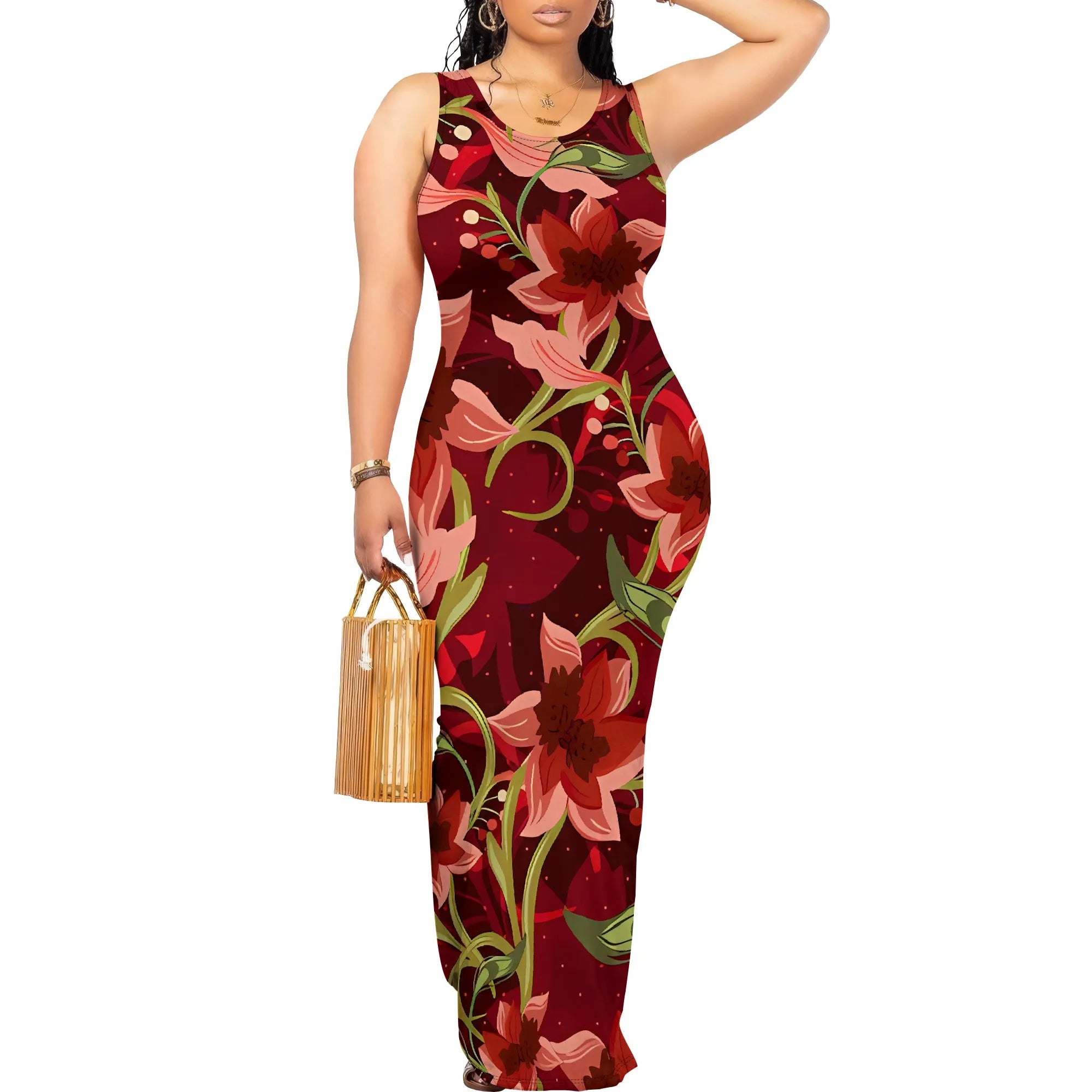 Boho Floral Sleeveless Maxi Dress for Women Vintage Burgundy Print Bodycon Long Dress Casual Spring Summer Outfit