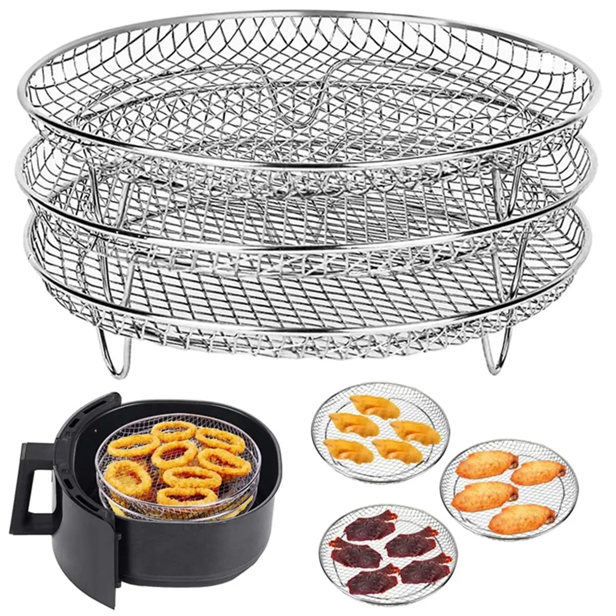 Air Fryer Rack, Set of 3, Stackable Multi-Layer Stainless Steel Dehydrator Rack, Air Fryer Accessories Oven Steamer Basket