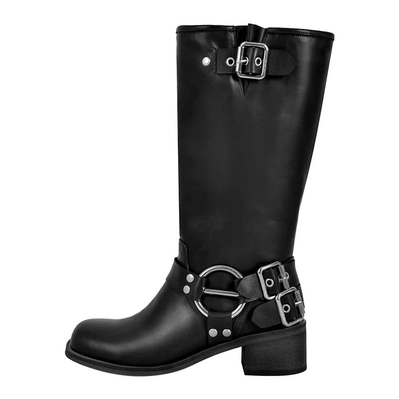 Women Gothic Black Round Toe Knee High Boots Heeled Metal Rivet Buckle Fashion 2023 Autumn Motorcycle Boots
