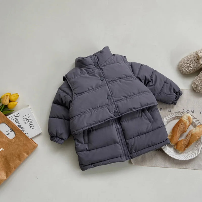 Winter Kids Parkas Thicken Vest And Parkas 2 Pcs Boys Long Parka Cotton Lining Girls Jacket 4-6Y Unisex