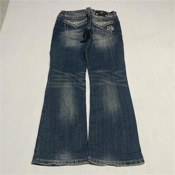 Women's Gothic Jeans Y2K Clothes Harajuku Hip Hop Pocket Embroidery Vintage Dark Blue Baggy Jeans High Waist Slim Flared Trousers