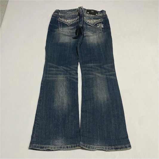 Dames Gothic Jeans Y2K Kleding Harajuku Hip Hop Zak Borduurwerk Vintage Donkerblauwe Baggy Jeans Hoge Taille Slim Flared Broek