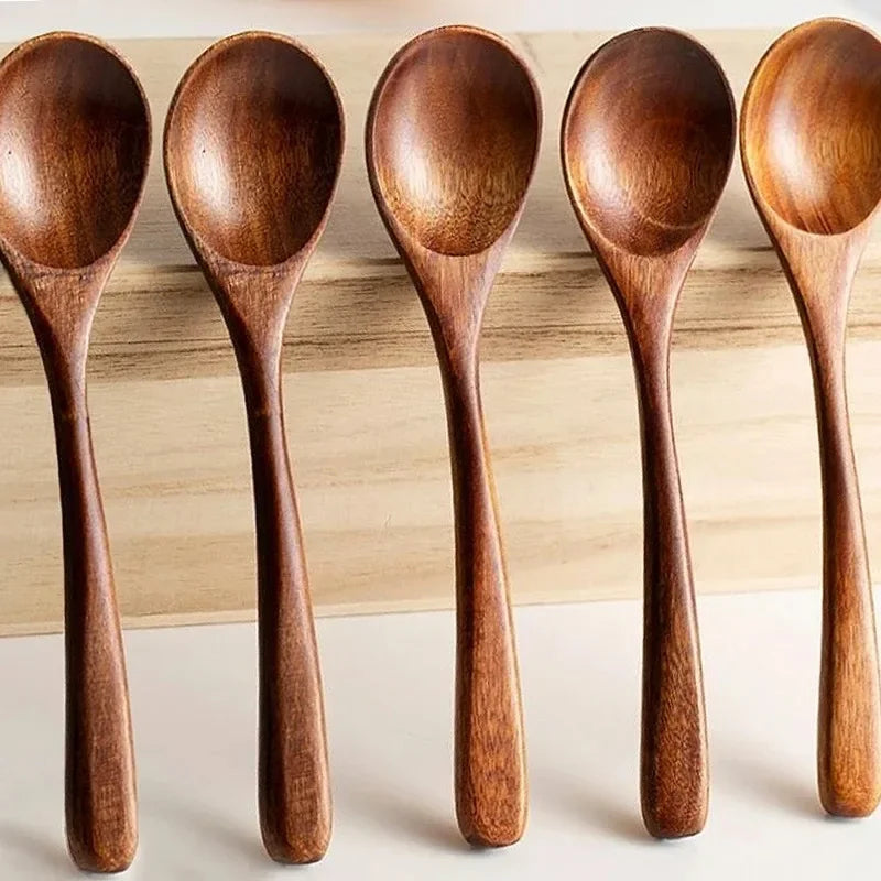 1/10Pcs Wood Soup Spoons Long Handle Coffee Milk Teaspoon Sugar Spice Condiment Scoops Kitchen Tableware Tools Wooden Spoon
