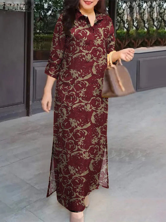Floral Print Casual Long Vestidos Pure Cotton Vintage Slit Hem Autumn Shirtdress 3/4 Sleeve Women Vacation Maxi Dress