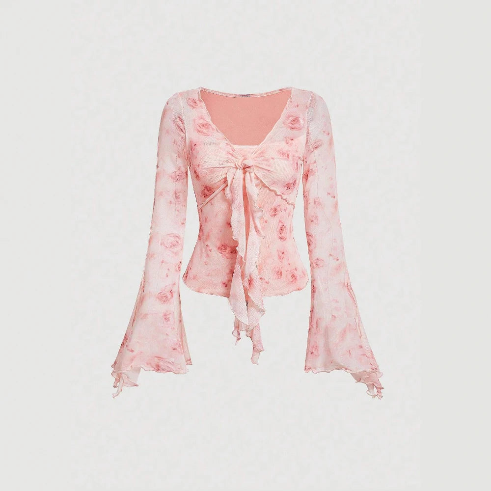 T-Shirts Spring Summer Korean Elegant Floral Folds Long Sleeve V-Neck Dating T-Shirts For Women
