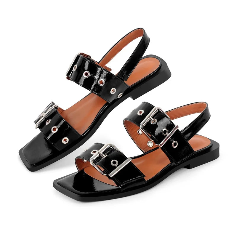 Women Square Toe Buckle Strap Flats Sandals Lady Big  Size Summer Punk Retro Mary Jane Slingbacks Sandals