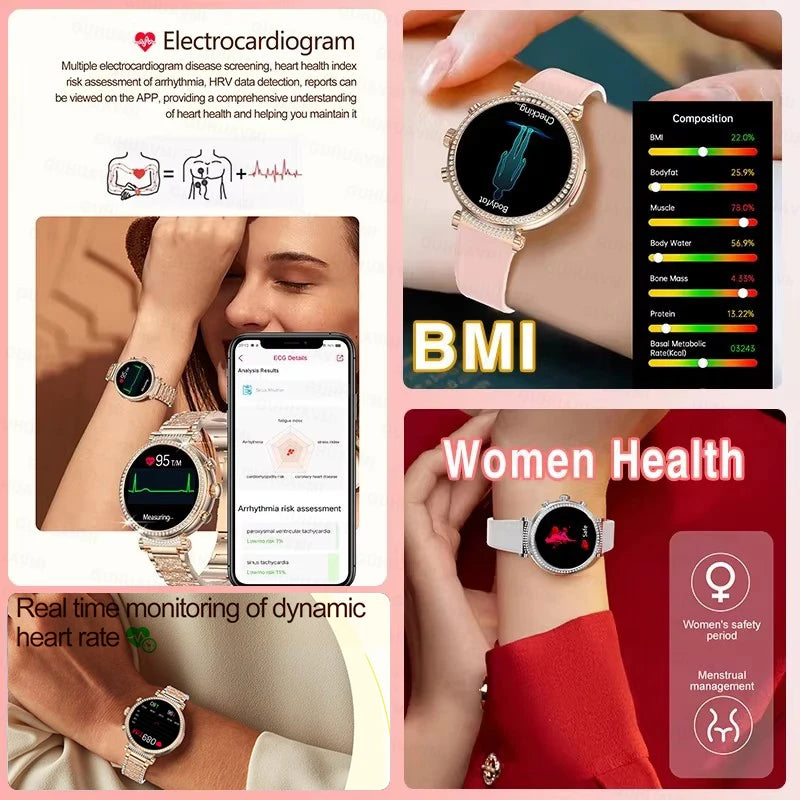 Women Diamond Smart Watch ECG Women Health tracking Watch Full Touch Screen BT Call Custom dial Smartwatch Compatible with Huawei & Xiaomi IOS