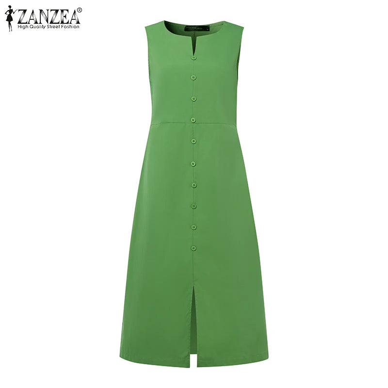 2025 Women Summer Sundress Elegant Work OL Midi Dresses V Neck Sleeveless Solid Dress Fashion Buttons Down Robe Plus Size