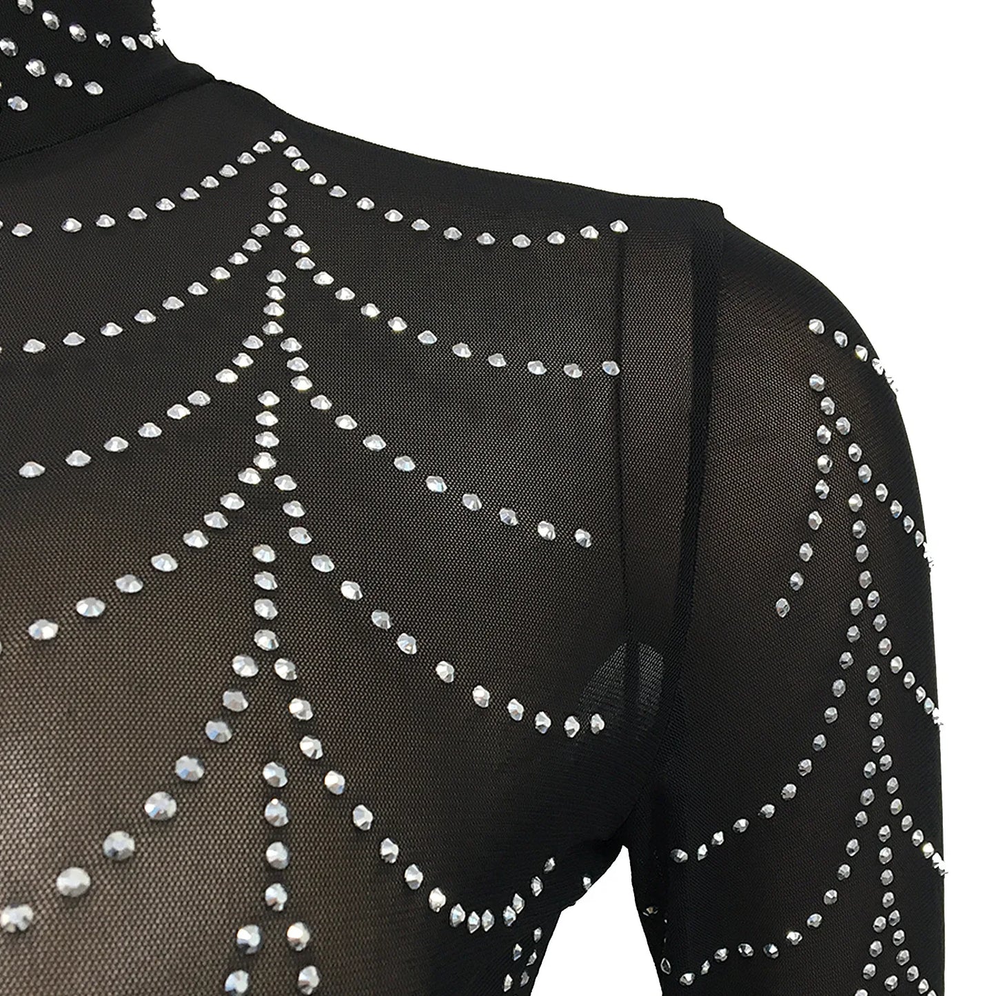 Sexy Rhinestone Sheer Mesh Long Sleeve  Party Dress