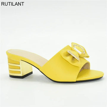 Women's Italian High Heel Slippers Shoes with Metal Trim and Rhinestones for Ladies Suitable for Autumn Wedding