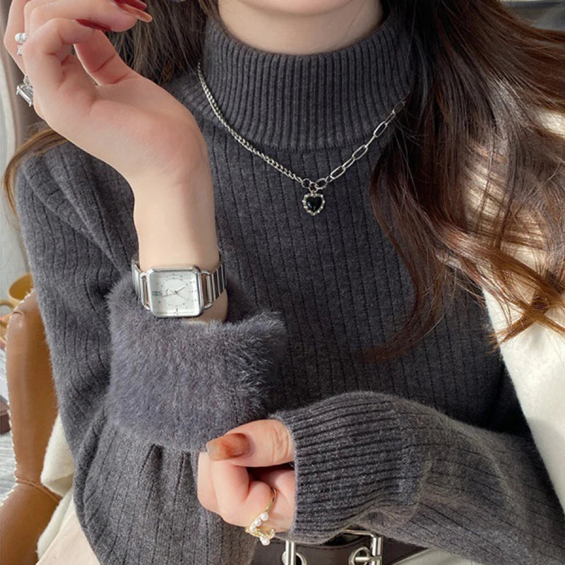 Women's Turtleneck Sweater Winter Retro Red With Velvet Lining Thickened Inner Wear Thermal Knitting Bottoming Shirt