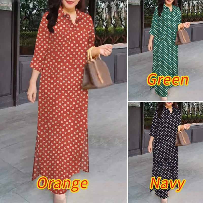 Polka Dot Vintage Shirtdress Women 2025 Autumn Loose Casual 3/4 Sleeve Turn-down Collar Vestidos Holiday Maxi Dress