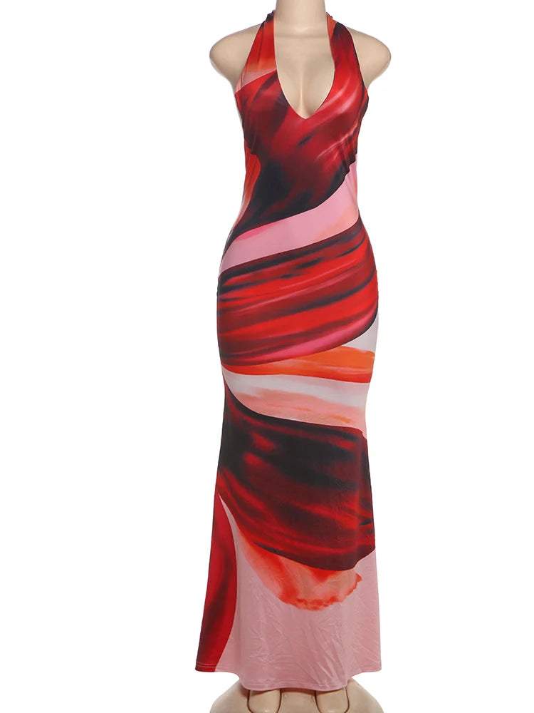 Deep V-Neck Women Long Dress Colorful Print  Sexy Backless Sleeveless Lace-Up Elegant Birthday Banquet Party Bodycon