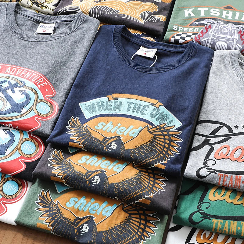 2025 Summer New American Retro 250g Short Sleeve O-neck Printed T-shirt Men's Fashion 100% Cotton Washed Casual Loose Tops