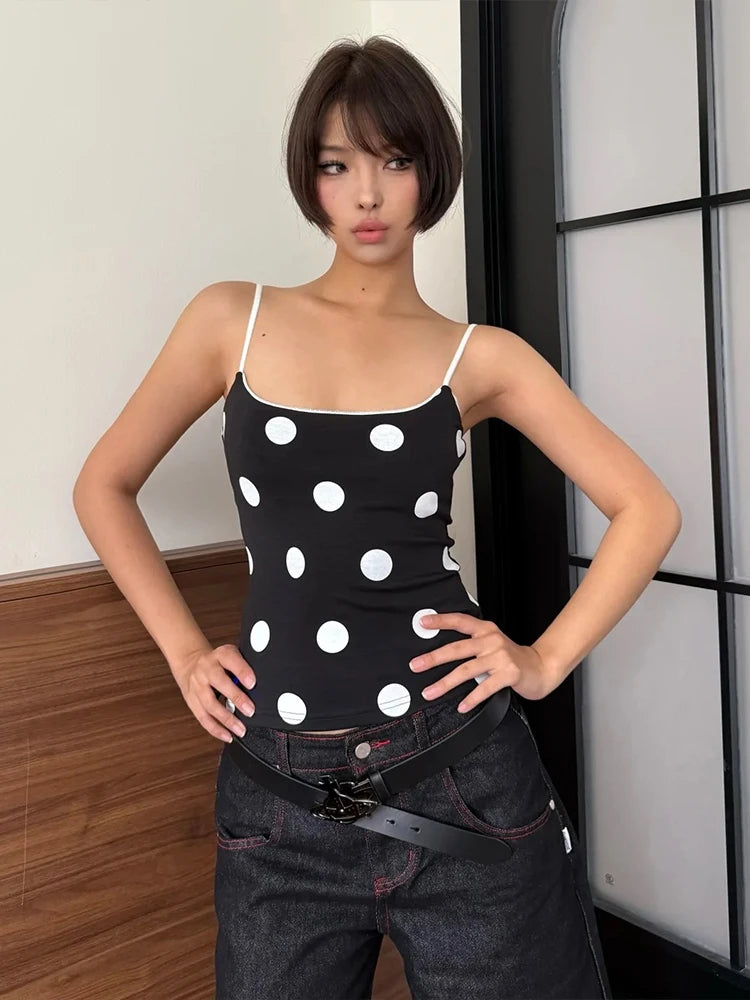 Polka Dot Patchwork Camisole Women Y2K Style Spaghetti Strap Skinny Stretch Street Fashion Versatile Style Tank Tops