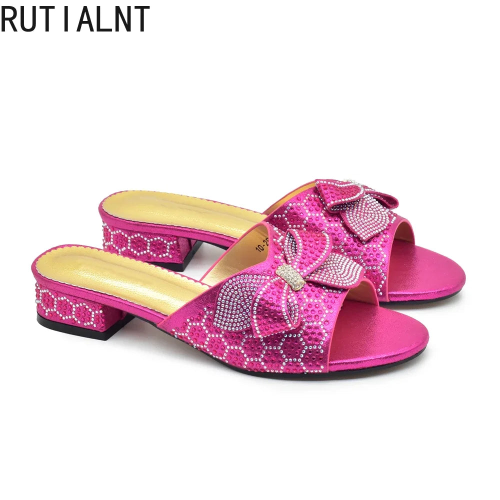 Women Bow Pumps Decorated with Rhinestone Slip-On Peep Toe Low Heels Ladies Dress Party Shoes for Bride's Wedding