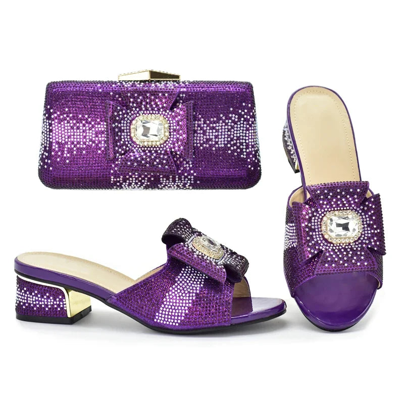 Italian Women Elegant Low Heel Shoes and Bag Set Decorated with Rhinestone for Ladies' Wedding Bride Shoes