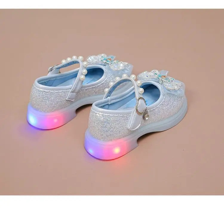 Disney Children High Heel Princess Elsa Party LED Light Shoes Summer Girls Sandals Baby Girls Crystal Blue Pink Shoes 23-34