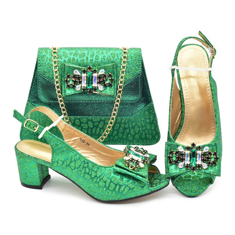 Green Colour Shoe and Bag Set for Party in Woman Italian Crystal Butterfly-knot Women Pumps Nigerian Lady Shoes and Bag