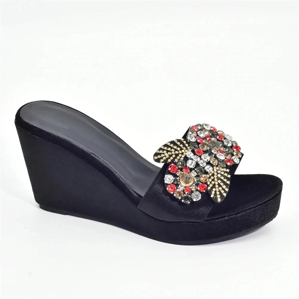 African Women Party Pumps Decorated with Rhinestone Shoes for Wedding Women Wedges Shoes for Women Platform Heels Nigerian Pumps