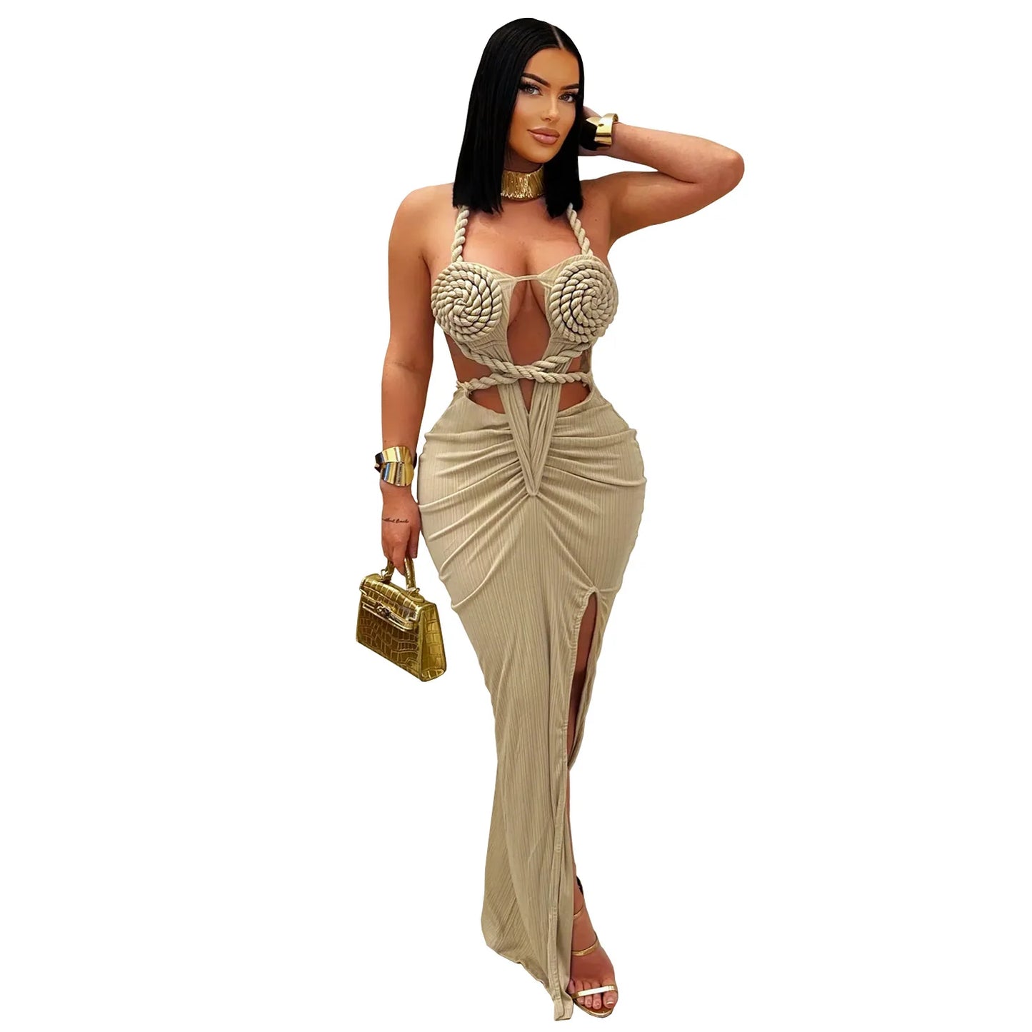 Bohemia Knitted Women Maxi Dress 2025 Summer Halter Lace Up Backless Split Sheath Vestidos Beach Vacation Robe