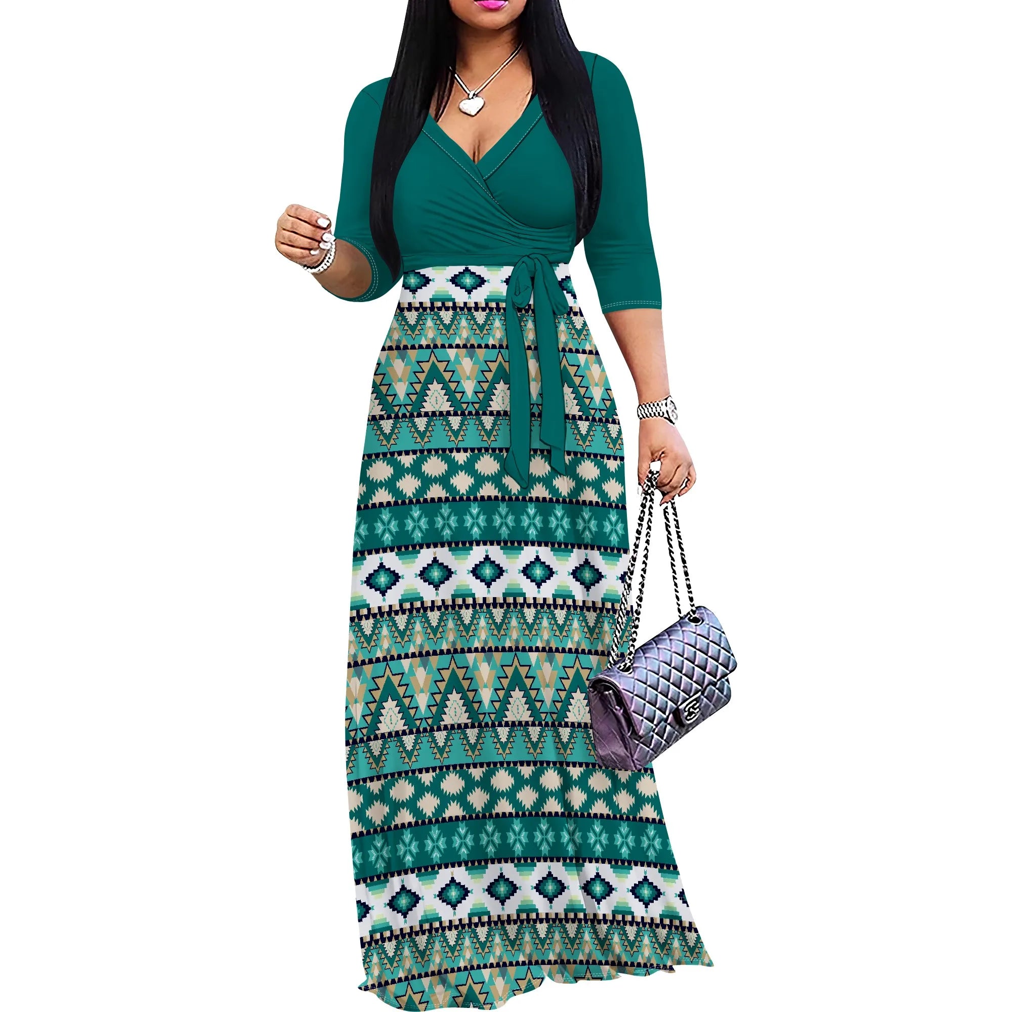 Women's Floral Print Maxi Dresses Summer with Pockets Casual 3 4 Sleeve V-Neck Wrap Tie Waist Long Dress