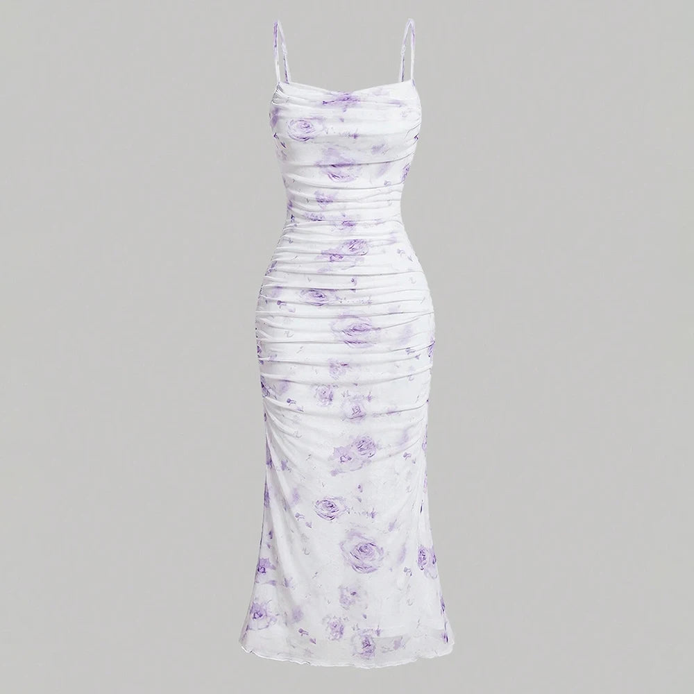 Dresses Summer Skinny Fit Elegant Floral Sleeveless Square Neck Maxi Party Lettuce Trim Dresses For Women