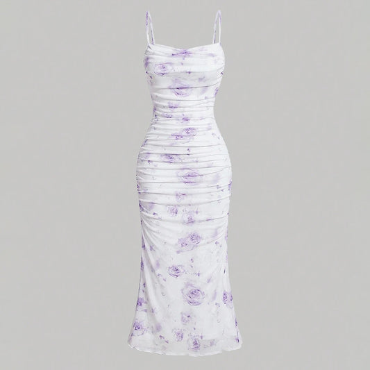 Dresses Summer Skinny Fit Elegant Floral Sleeveless Square Neck Maxi Party Lettuce Trim Dresses For Women