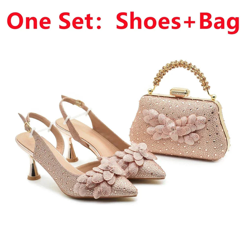 New Pointed Toe Heels with Small Bag Nigeria Fashion Party Women's Shoes and Bags Decorated with Rhinestone Wedding Shoes Bride