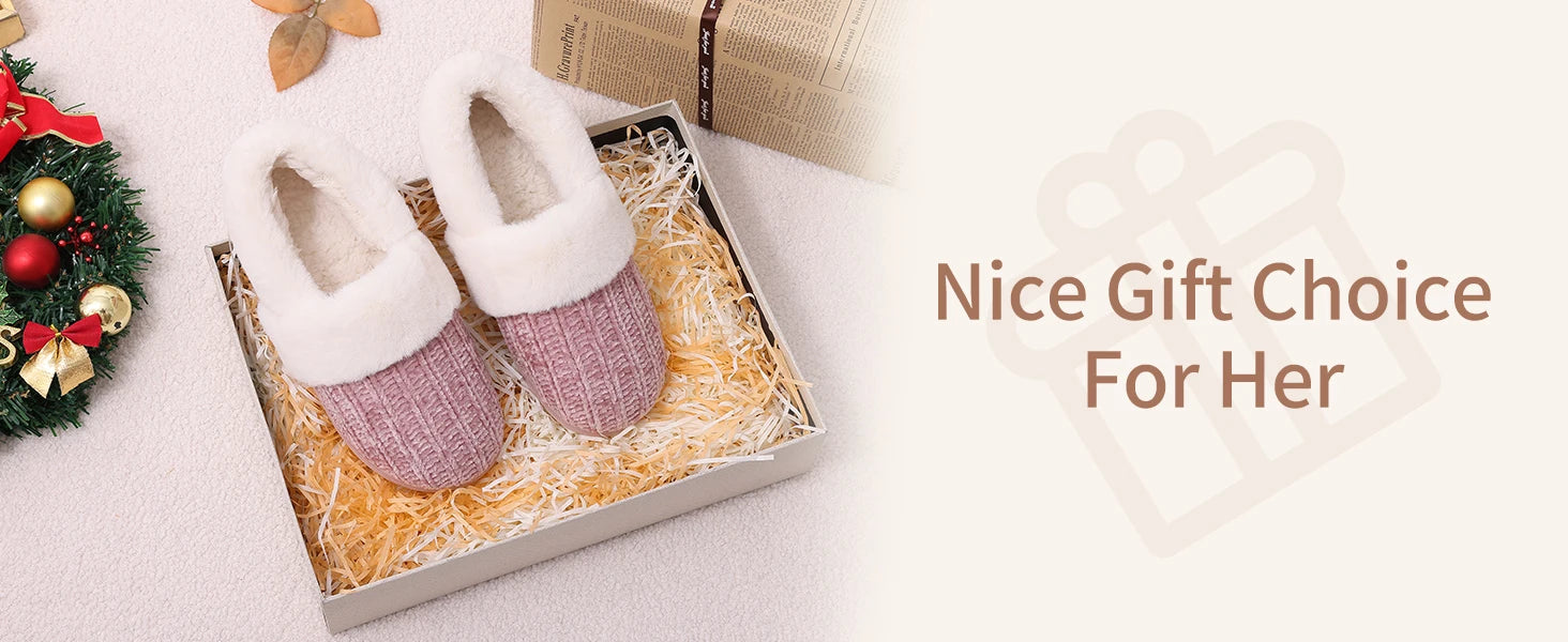 Women's Fleece Lined Warm House Cotton Slippers With Memory Foam and Non-Slip Cosy Fluffy Sole Plush Knit Slides Suitable For Bedroom Use