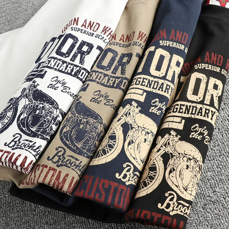 Summer American Retro Short Sleeve O-neck Letter Motorcycle Printed T-shirt Men's Fashion 100% Cotton Washed Casual Youth Tops