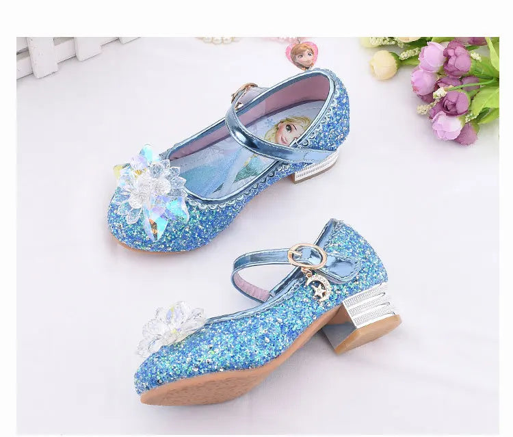 Frozen Elsa Princess Meisjes Leren Kristallen Schoenen Glitter Casual Hoge Hakken Meisjes Sandalen Roze Blauw Zilver Elsa Schoenen