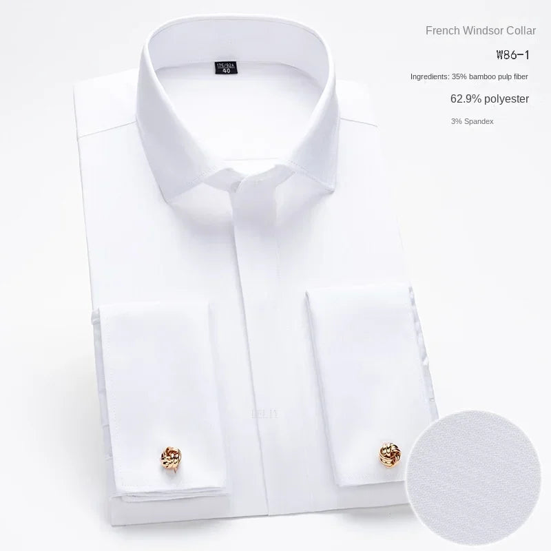 2024 Niche Chic Dubbelgevouwen Mouw Windsor Kraag Zakelijk Overhemd met Lange Mouwen Heren Hoogwaardige Jurk willekeurige Franse Manchetknopen