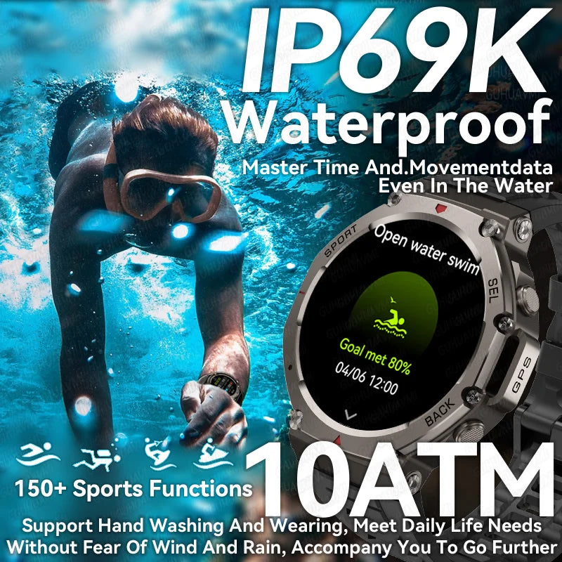 2025 New Outdoor Military Smart Watch Men GPS Track Waterproof Swim Health Monitor Compass GPS Sport Fitness Smart Watch Bracelet