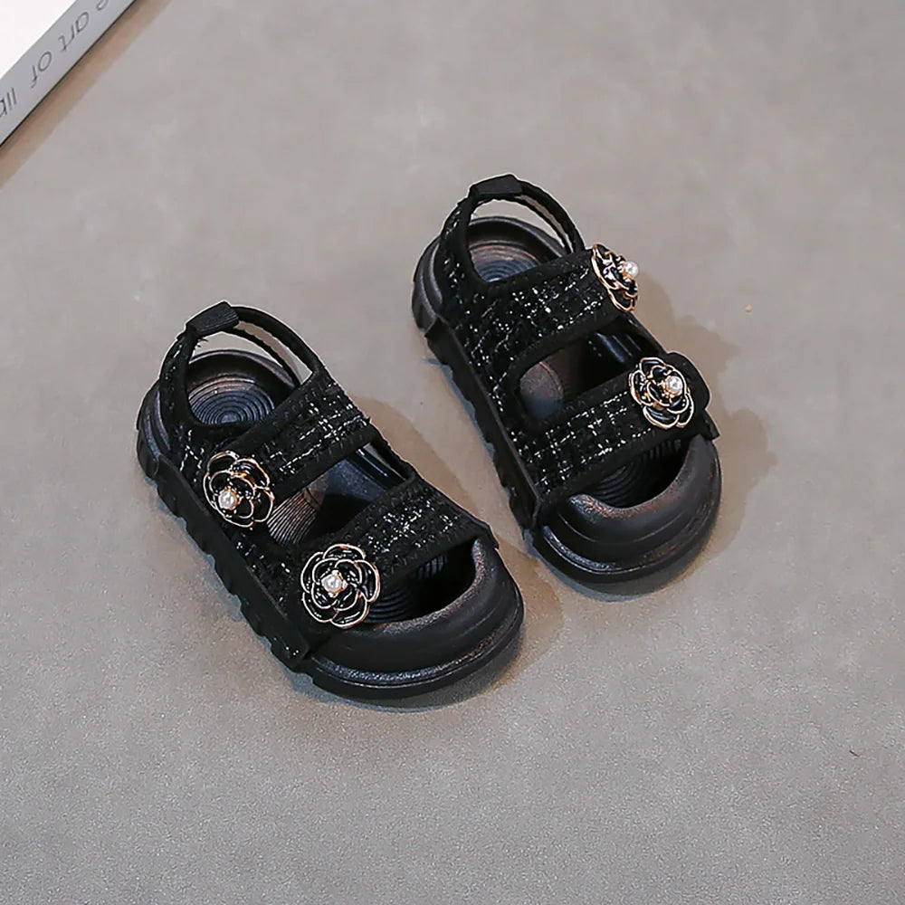 Koreaanse zomersandalen voor meisjes, luxe parelbloem kinderstrandschoenen, ergonomische sandalen met zachte zool voor meisjes