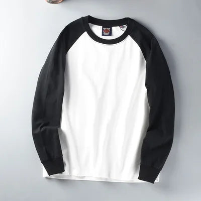 Autumn New American Retro Long Sleeve O-neck Contrast Splicing T-shirt Men's Fashion 100% Cotton Washed Old Casual Sport Tops