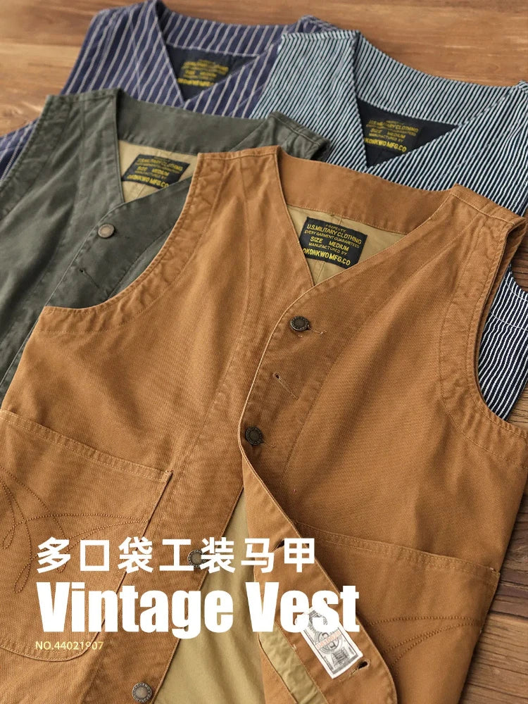 2024 Autumn New American Retro 12OZ Denim Cargo Vest Men's Simple 100% Cotton Washed Old Casual Multi-pocket Waistcoat Jacket