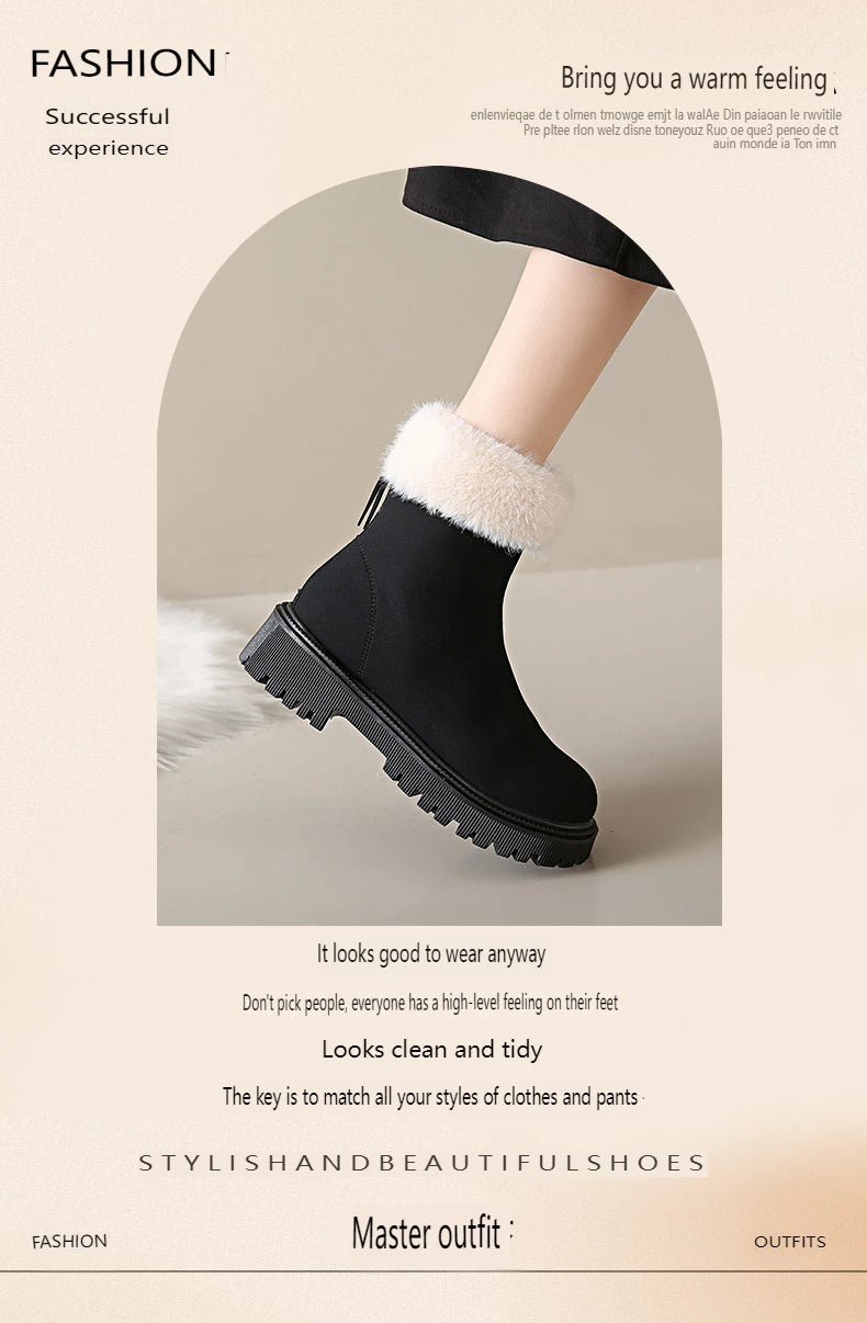 Women's Winter Boots 2024 New Fashion Velvet Lined Solid Color Ankle Square Heel Round Toe Outdoor Snow Boots Thick Soles Zipper