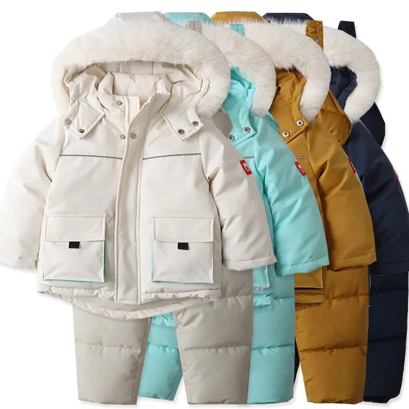 Unisex 2Pcs Winter Warm Children's Ski Clothes Set Thicken Fur Lining Hooded Coats & Overalls Set Snowsuit For Kids 2-5Y