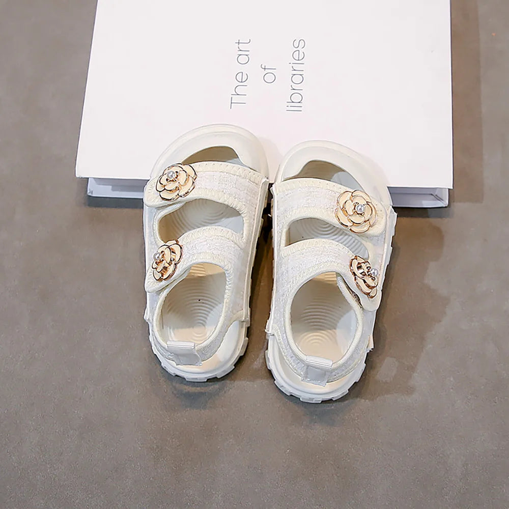 Korean Style Summer Sandals For Girls Luxury Pearl Flower Children's Beach Shoes Ergonomics Soft-soled Kid's Girl Sandals