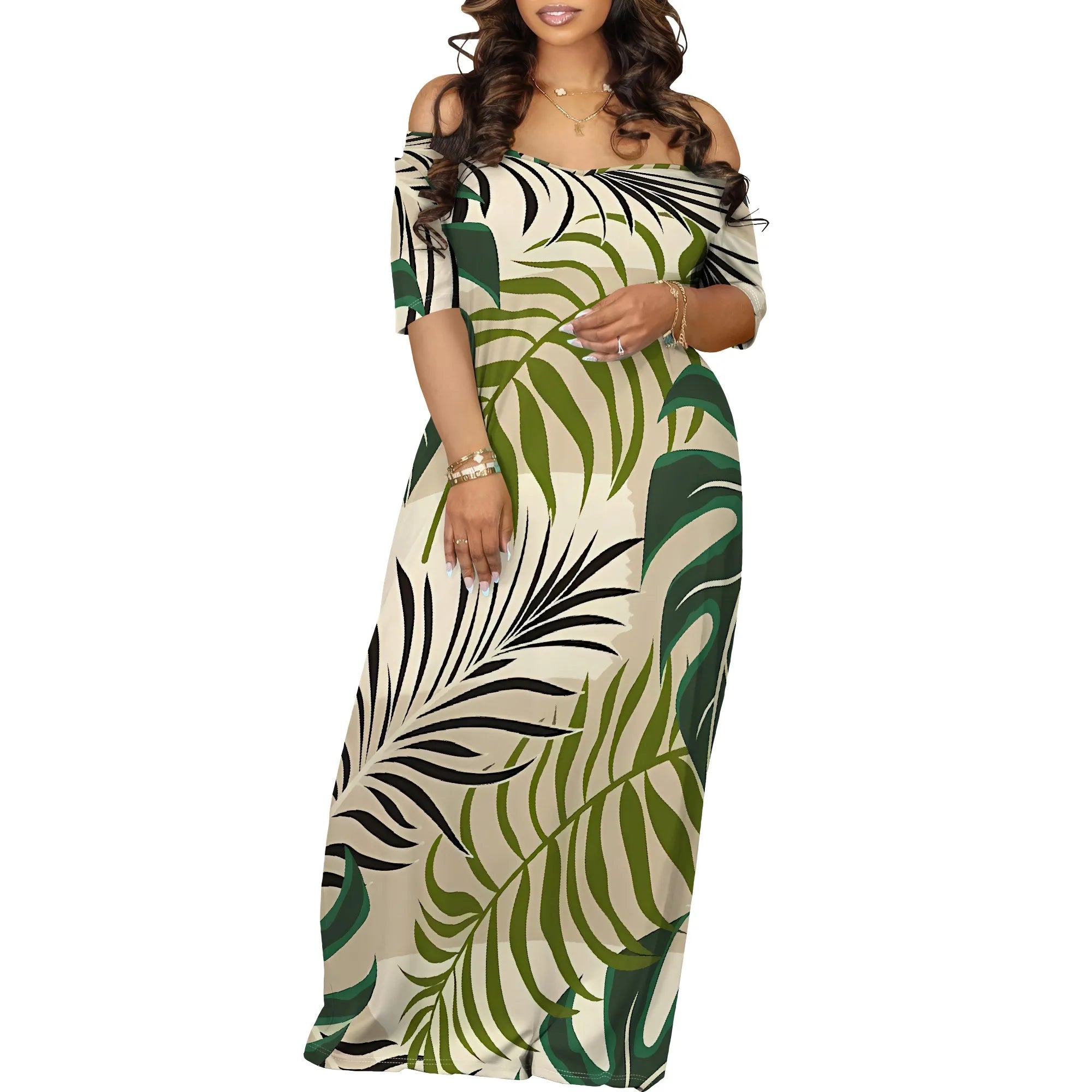 Summer Off Shoulder Maxi Dress Green Yellow Bold Leaf Print Women Holiday Beach Dress