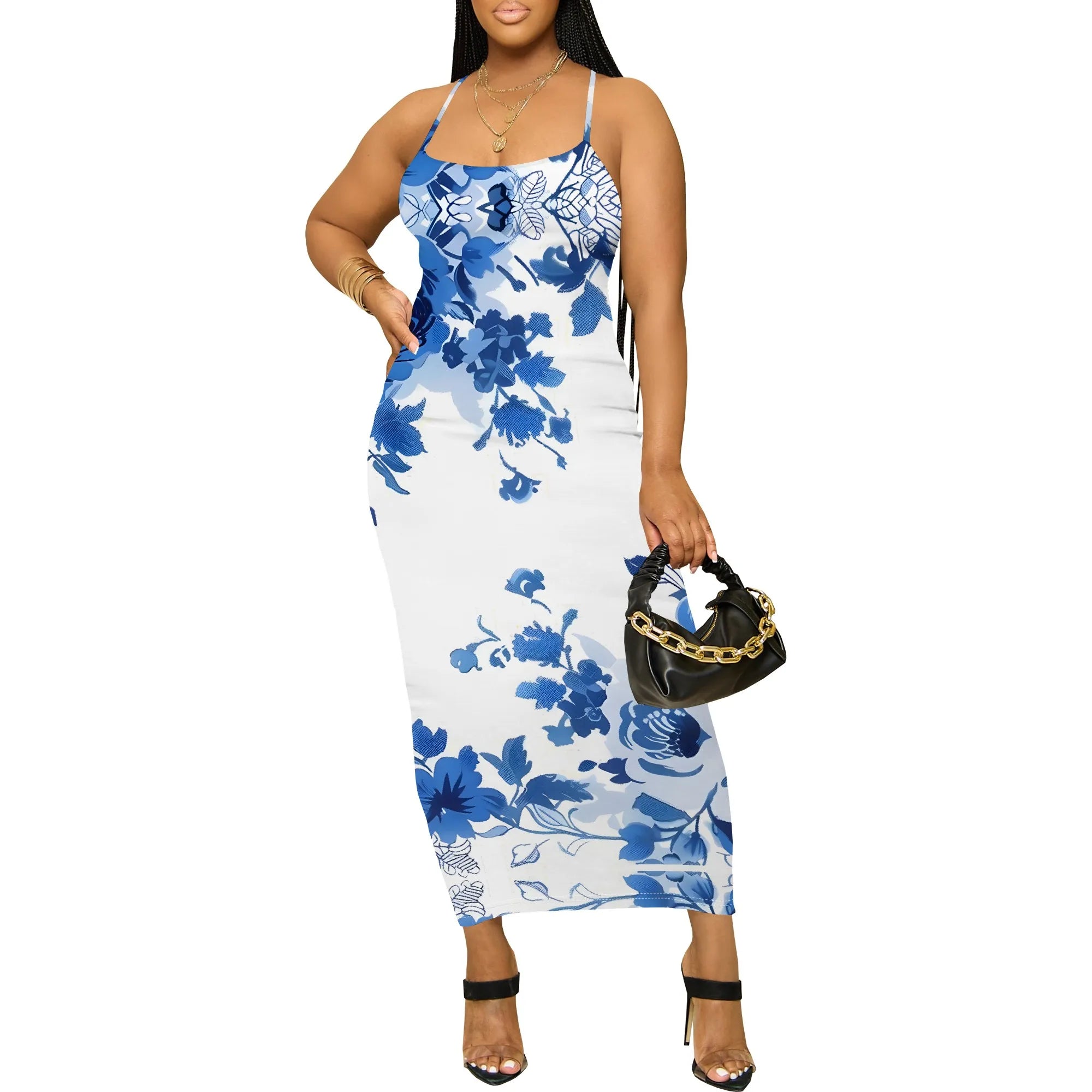 Blue White Floral Print Spaghetti Strap Dress Elegant Summer Garden Look