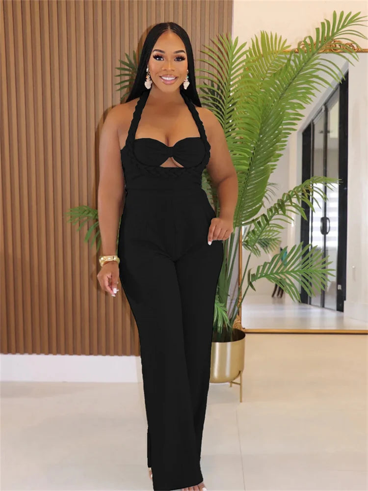 Women Fashion Straight Jumpsuit Summer Trend Twist Bandage Halter Ruched Hollow Backless Sleeveless Classic Outfits