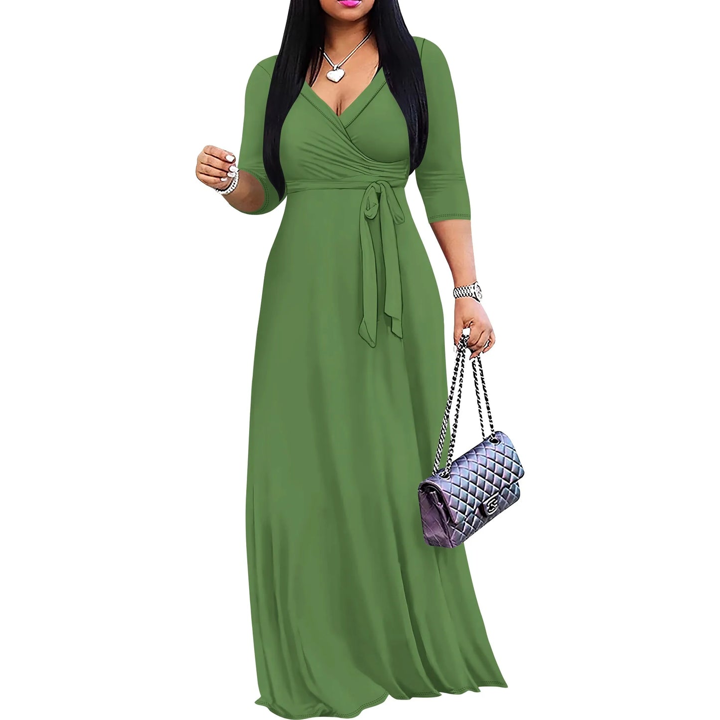 Solid Color Bohemian Summer Long Maxi Dress V-Neck 3/4 Sleeve