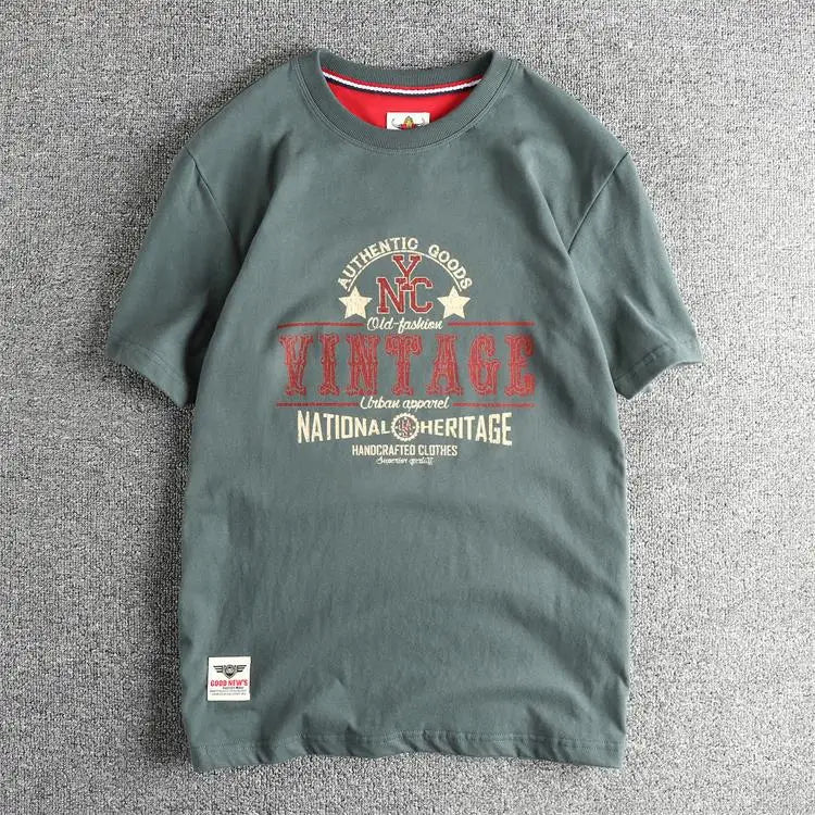 2025 Summer New American Retro Short Sleeve O-neck Letter Printed T-shirt Men's Fashion 100% Cotton Washed Casual Youth Tops