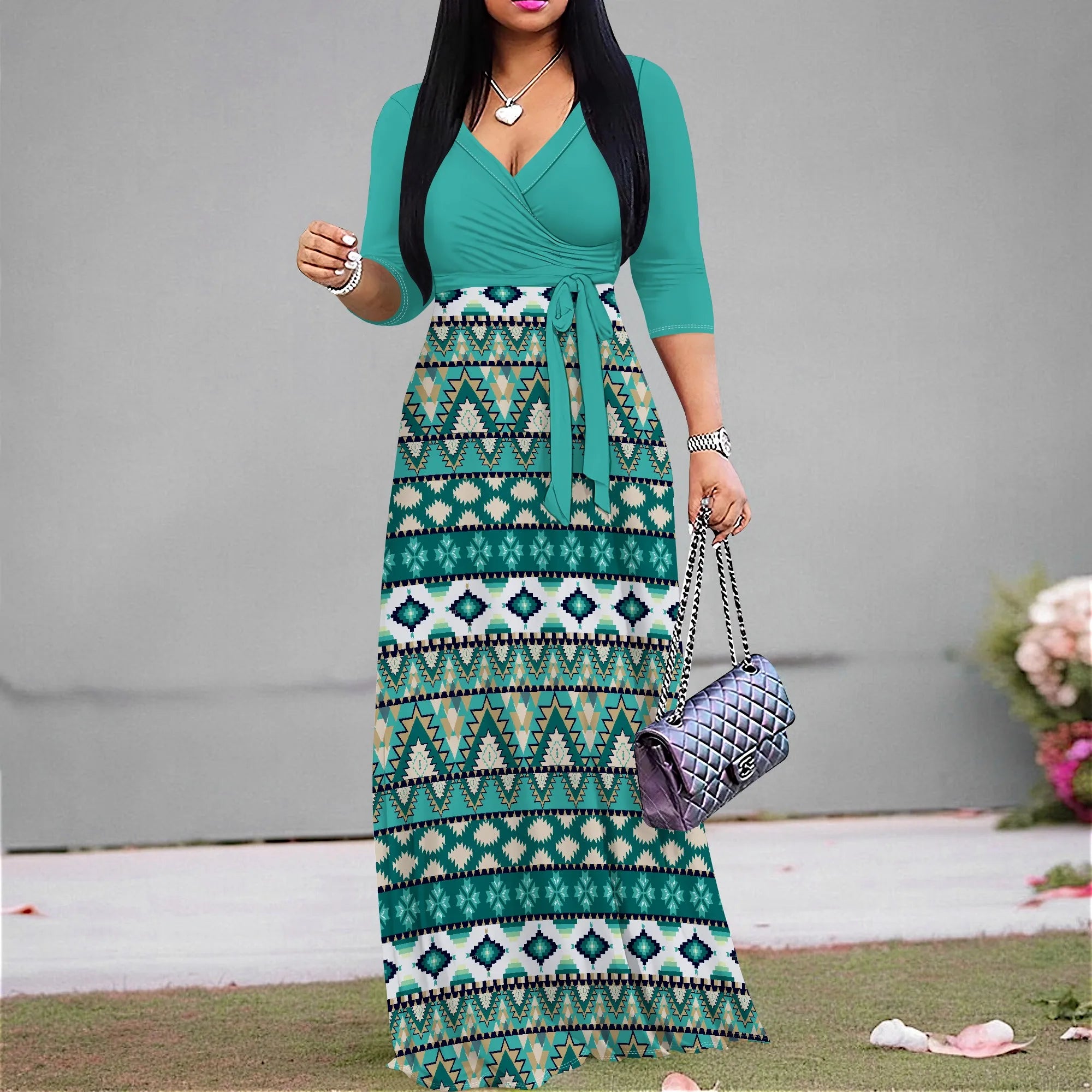 Women's Floral Print Maxi Dresses Summer with Pockets Casual 3 4 Sleeve V-Neck Wrap Tie Waist Long Dress