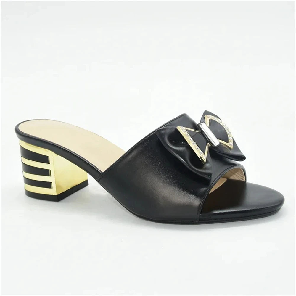 Women's Italian High Heel Slippers Shoes with Metal Trim and Rhinestones for Ladies Suitable for Autumn Wedding