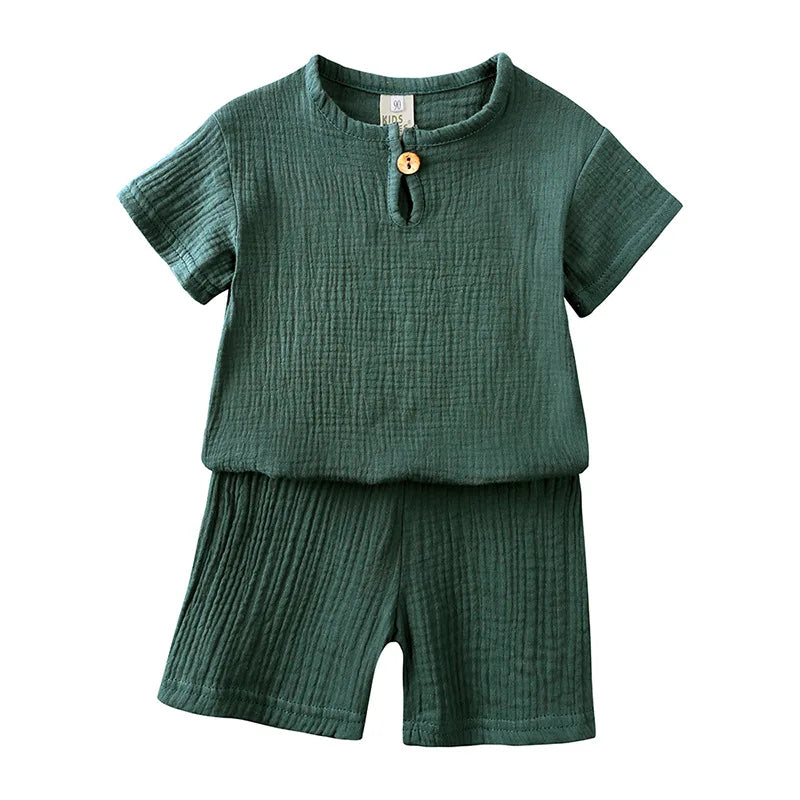 2025 Summer 100% Cotton Baby Boy Girl 2PCS Set Solid Short Sleeve Shirt Casual Toddler Suit 1-7T Unisex